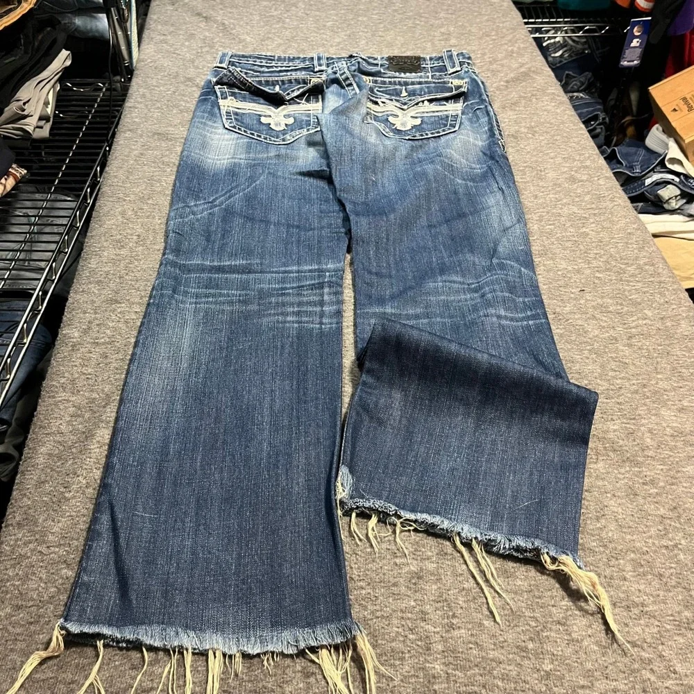 Rock Revival John Straight Distressed Blue Jeans Mens 34 Fleur De Lis Raw Hem